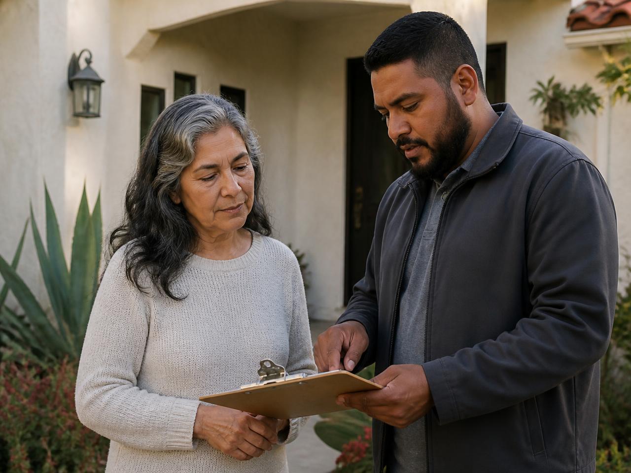 Two people reviewing inspection findings together at a table beside a home