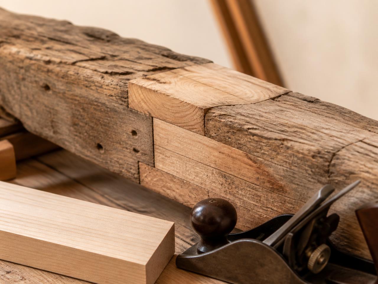 Aged structural timber beside newly fitted repair lumber and a hand plane on a workbench